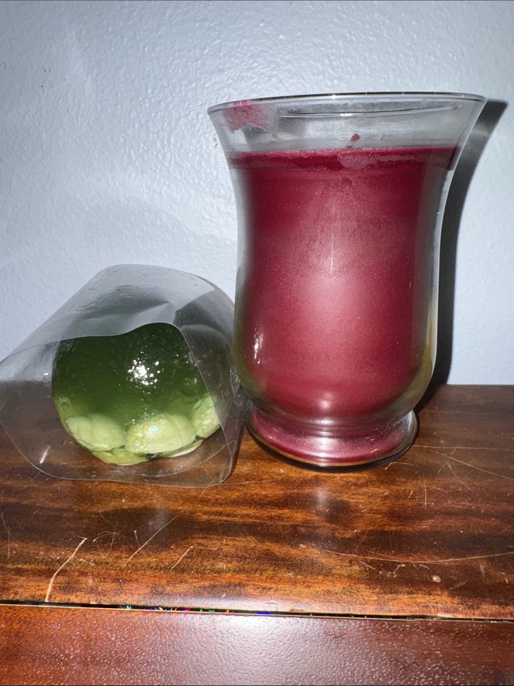 2 PartyLite Decorative Candles Burgundy in Glass &  Round Green Candle